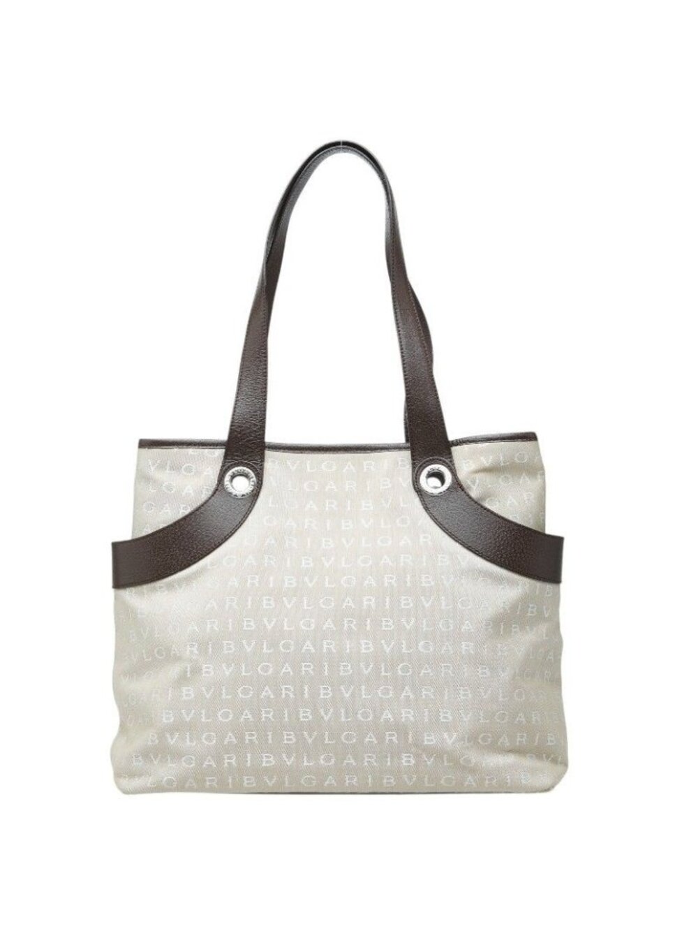 Bvlgari Logo Mania Tote Shoulder Bag Beige Brown Canvas Leather